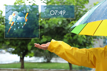 Wall Mural - woman with colorful umbrella outdoors on rainy day and weather forecast widgets, closeup. mobile app