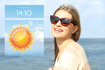 Wall Mural - young woman wearing stylish sunglasses near river and weather forecast widget. mobile application