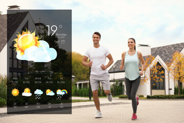 Wall Mural - sporty couple running on street and weather forecast widget. mobile application