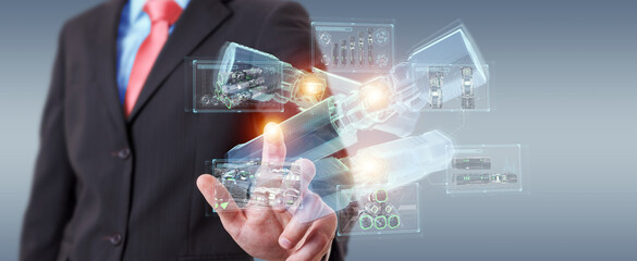 Poster - Man holding and touching green renewable energy battery 3D rendering
