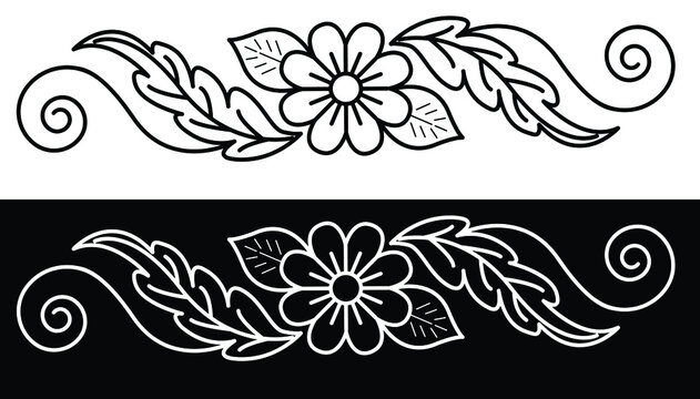 border design concept of sun flower with leaves and petals isolated on black and white background - 