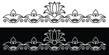 Border Design Concept Of Lotus Flower With Leaves And Decoration Isolated On Black And White Background