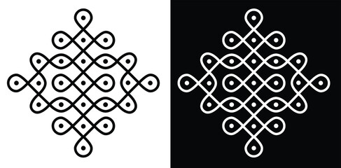 Canvas Print - Indian Traditional and Cultural Rangoli or kolam design concept of curved lines and dots isolated on black and white background