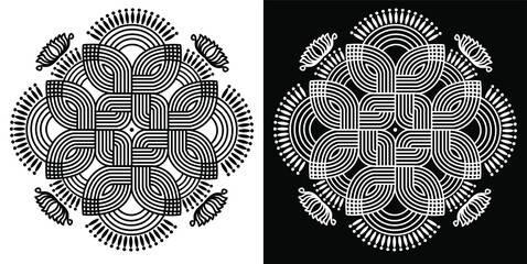 Sticker - Indian Traditional and Cultural Mandala Rangoli design concept of vector line art is isolated on Black and white background 