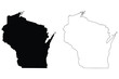 Wisconsin WI state Map USA. Black silhouette and outline isolated maps on a white background. EPS Vector