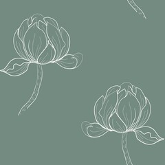 White ink outline drawing of a flower on a mossy green background. Seamless vector floral pattern. Simple square repeating design for fabric and wallpaper