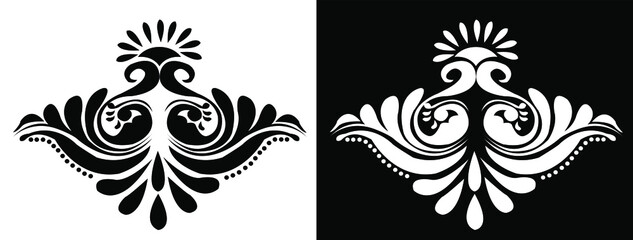Wall Mural - Indian cultural Alpona design concept of two peacocks dancing together isolated on black and white background 
