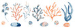 Watercolor set of isolated objects drawing blue and pink algae and corals
