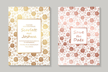 Set of luxury floral wedding invitation design or greeting card templates with golden and pink roses on a white background.