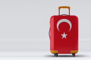 Turkey flag on a stylish suitcases back view on color background. Space for text. International travel and tourism concept. 3D rendering.