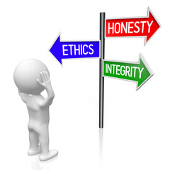 Wall Mural - Honesty, ethics, integrity concept - signpost with three arrows, cartoon character - 3D illustration