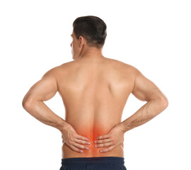 Poster - Man suffering from pain in lower back on white background