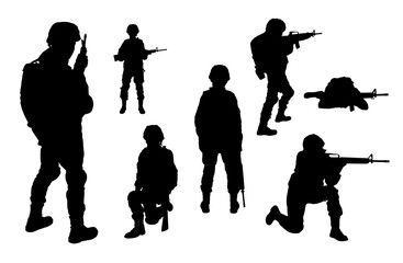 Wall Mural - Collage with silhouettes of soldiers on white background. Military service