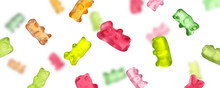 Set Of Delicious Jelly Bears Falling On White Background, Banner Design