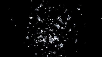 Glass mirror breaked shatter with debris super slow motion. Macro camera 3d illustration.