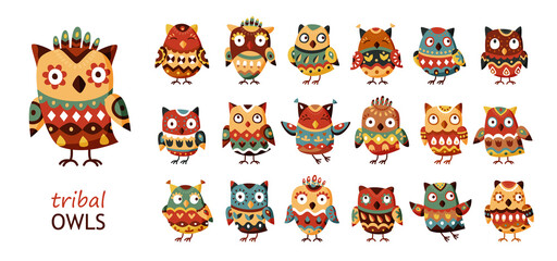 Set of folk indian owl. Collection of tribal owls on white background. Cute animal characters for graphic design logo or decoration. Vector illustration in cartoon style