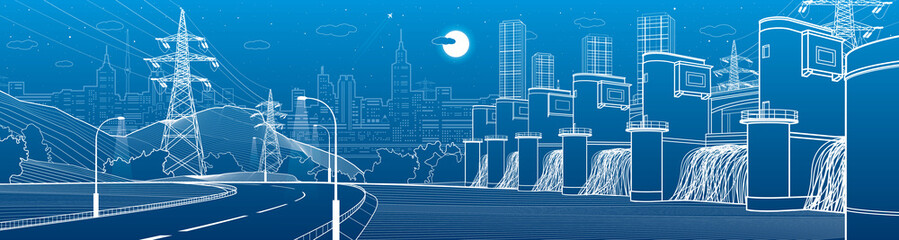 Wall Mural - Hydro power plant. River Dam. Renewable energy sources. Illumination highway. City infrastructure industrial illustration panorama. Urban life. White lines on blue background. Vector design