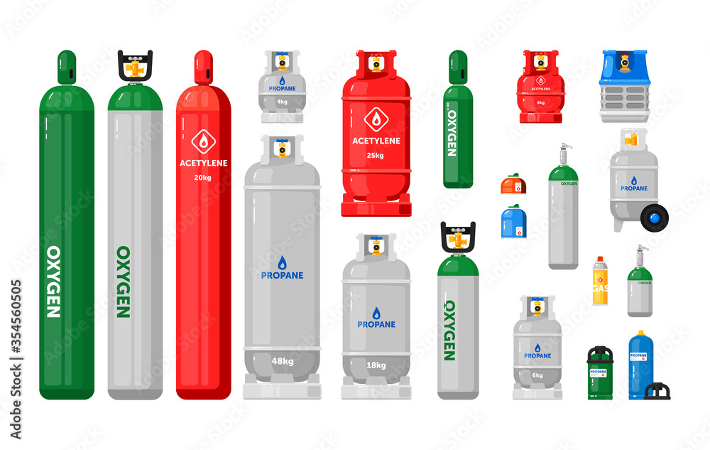 Gas cylinders. Metal tanks with industrial liquefied compressed oxygen ...