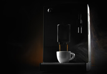 A cup of coffee in a coffee machine