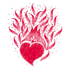 Red burning heart. Vector vintage handmade illustration. Fire of love. Flame of heart. Sketch for tattoo, poster, print, t-shirt. Art style design.