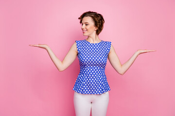 Sticker - Portrait of her she nice-looking attractive lovely pretty cheerful cheery wavy-haired girl holding on two palms advert copy space alternative options isolated over pink pastel color background