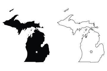 Michigan MI state Map USA with Capital City Star at Lansing. Black silhouette and outline isolated on a white background. EPS Vector