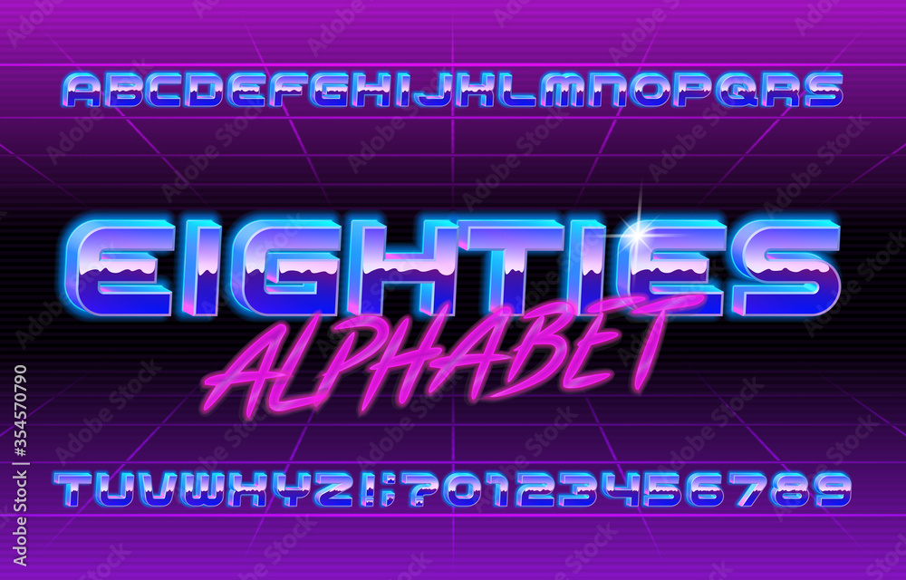 Eighty Lettering Eighties alphabet font. 3D letters and numbers. Muted colors in 80s ...