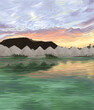 Bright dusk landscape with fabulous sky and pure lake, kaolin clay and brown mountain. Raster stock illustration in impressionism, digital painting.