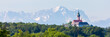 Panorama with Andechs Abbey (Kloster Andechs) and Zugspitze.