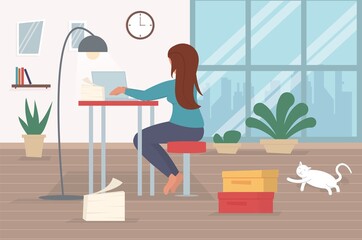 Freelance character working at home, work from home, self employed, home office, work at home, freedom conceptual illustration.