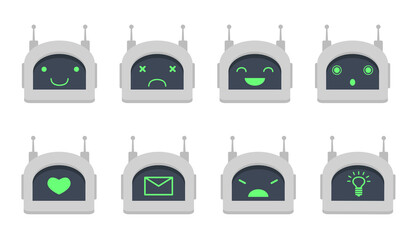 Poster - Chatbot head flat icon set. Cartoon cute robot avatar with different emoji and icons on face isolated vector illustration collection. Computer character and smile design concept