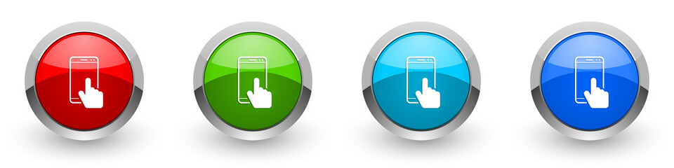 Leinwandbilder - Smartphone silver metallic glossy icons, mobile phone concept set of modern design buttons for web, internet and mobile applications in four colors options isolated on white background