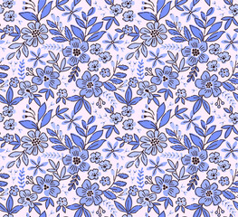 Vintage floral background. Seamless vector pattern for design and fashion prints. Flowers pattern with small light blue flowers on a white background. Ditsy style.