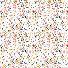 Cute Floral Pattern In The Small Flower. Ditsy Print. Seamless Vector Texture. Elegant Template For Fashion Prints. Printing With Small Pink And Yellow Flowers. White Background.