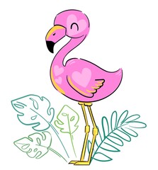Aufkleber - Hand Drawn Cute Flamingo. Vector Illustration. Summer Print Design, children print on t-shirt