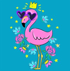 Fototapete - Hand Drawn Pink flamingo with glasses and flowers. Greeting card for Valentine's Day. Print for textiles, t-shirts, fashion. Vector illustration.