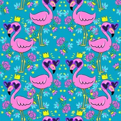Aufkleber - Pair of flamingos in sunglasses and in a crown with a flowers pattern seamless background. Tropical print for textiles. Vector illustration.