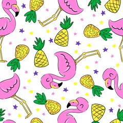 Aufkleber - Beautiful Flamingos and a Pineapple on an abstract tropical pattern seamless background. Print design for textiles. Trend fabric children's theme spring summer. Vector illustration.