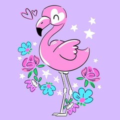 Aufkleber - Hand Drawn Pink flamingo and flowers. Print for textiles, t-shirts, fashion. Vector illustration.