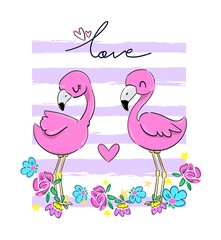 Aufkleber - Valentine's day greeting card. A pair of pink flamingos with heart isolated on white background. Vector illustration