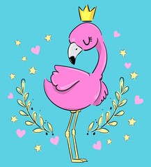 Aufkleber - Flamingo in crown beautiful vector illustration. Fashion children's print spring summer.