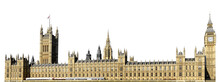 Houses Of Parliament, Or Westminster Palace, With Big Ben Tower (London, UK) Isolated On White Background