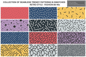 Collection of colorful repeatable trendy patterns. Retro style - fashion 80-90s. Textile mosaic textures - endless backgrounds. You can find seamless design in swatches panel