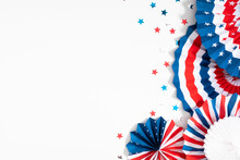 4th Of July American Independence Day. Happy Independence Day. Red, Blue And White Star Confetti, Paper Decorations On White Background. Flat Lay, Top View, Copy Space