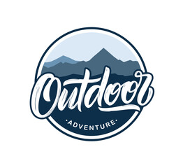 Fototapete - Print or emblem with flat mountains landscape and handwritten lettering of Outdoor Adventure.
