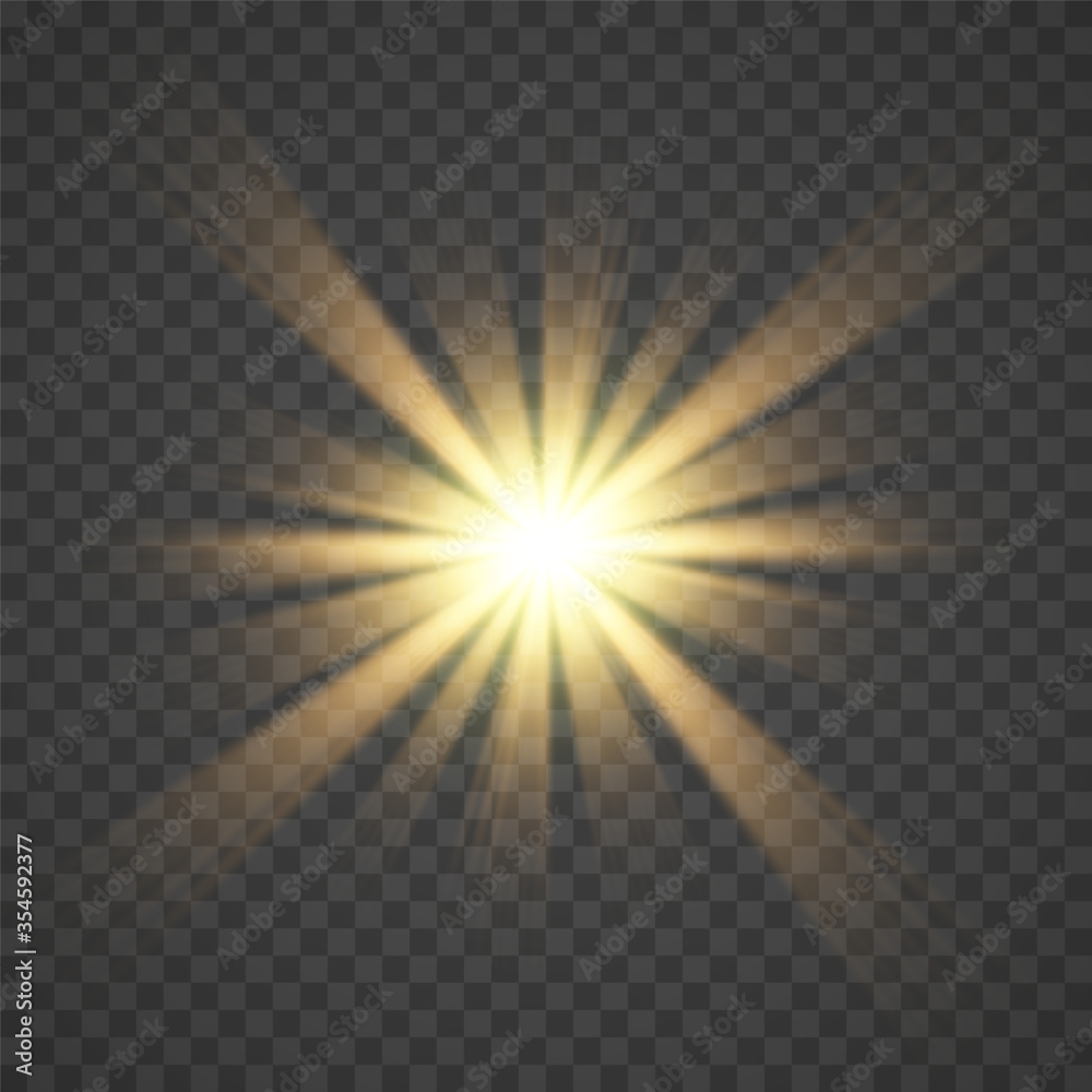 The yellow glowing light explodes with a blast with a transparent one. Vector illustration for perfect effect with sparkles.  - obrazy, fototapety, plakaty 