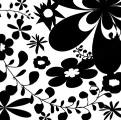 vector background with black and white florals. Creative cute silhouette flower and leaves on white background , freehand lovely blossom and leaves for your design.