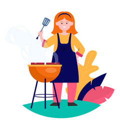 Happy woman grilling barbecue meat. Female chef in apron holding spatula, cooking in garden flat vector illustration. BBQ party, summer, food concept for banner, website design or landing web page