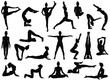 Set of vector silhouettes of woman doing yoga exercises.  Icons of flexible girl stretching her body in different yoga poses. Black shapes of woman isolated on white background.