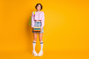 Poster - Full length body size view of her she nice attractive lovely unsure doubtful shy girl carrying academic materials new semester year isolated on bright vivid shine vibrant yellow color background